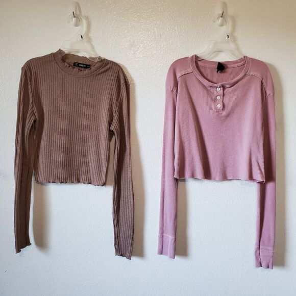 Long Sleeve Crop Top Womens XS/S Wild Fable Shein Pair 2 Pink Brown Waffle Knit - Picture 15 of 15